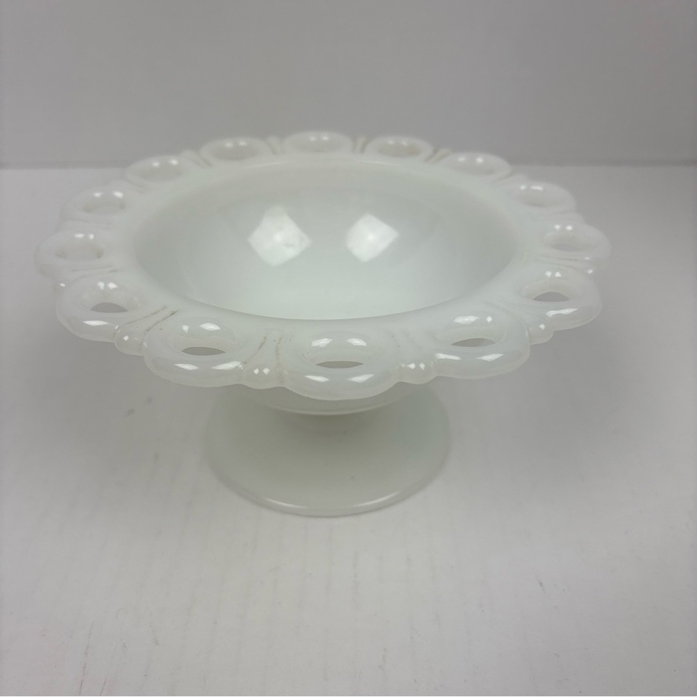 Vintage Anchor Hocking Footed Dish Lace Edge Milk Glass Compote Candy Nuts Retro